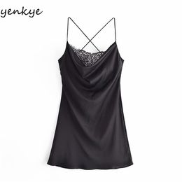 Lace Trims Satin Sexy Sling Dress Women Vintage Black Backless Summer Night Out Club Mini Vestido 210514
