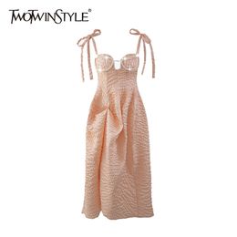 Orange Patchwork Pearl Sling Dress For Women Square Collar Sleeveless High Waist Lace Up Midi Dresses Female Summer 210520