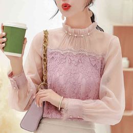 Pullover pink Spring Lace Blouses Chiffon nail bead Elegant Blouse Shirts Long Sleeve Ruffle Sexy Mesh 615B 210420