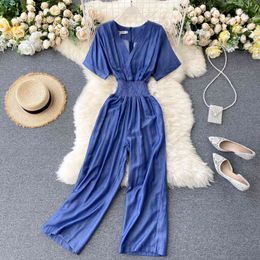 Elastic Ruched Women Denim Rompers Fashion V Neck Simple Solid Jumpsuits Summer Holiday Beach Wide Leg Long Rompers 210419