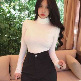 turtleneck Korea T-shirt Spring Solid sexy Slim Fit Tee Women Casual Long Sleeve Tshirt Tops female girls t shirt 210417