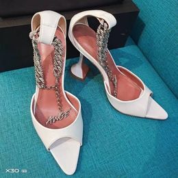 Casual Designer Summer sexy lady fashion women's sandals white with chains peep toe Shallow Patchwork high heels shoes