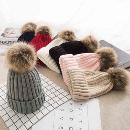 Hat Female Autumn Winter Korean Style Thickened Knitted Hat Imitation Raccoon Fur Ball Woolen Cap Warm Pullover Cap Fashion Y21111