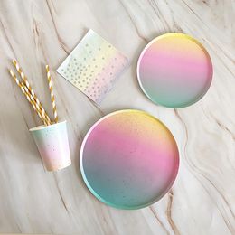 Rainbow Round Paper Cups Plates Napkins With Disposable Paper Tableware For Party Cake Wedding Birthday Banquet Picnic Dessert Decoration Supplies