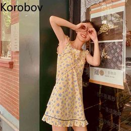 Korobov Korean Chic Retro Print Camis Dress Women Elegant Sleeveless Ruffles Patchwork Vestido Holiday Beach Style Ropa 210430