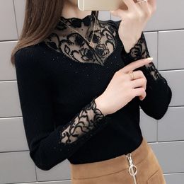 Sexy Women Sweater Autumn Lace Mesh Patchwork Basic Half Turtleneck Long Sleeve Pullover Knitwear Casual Slim Jumper Female 210412