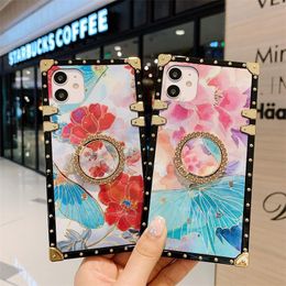 Luxury Retro Blue Ray peony rose letter square phone cases For Iphone 13 Pro Max 12 Mini 11 X Xr Xsmax 8plus 7 6s With Finger Ring Holder Cover