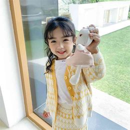 Children Girls Princess Sets Fashion Plaid Knitted 2Pcs Outfits Kids Party Elegant Clothing Costumes 2 7Y 210429