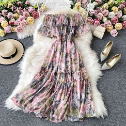 Neploe Sexy Slash Neck Shoulder Strapless Ruffles Dress Women High Waist Hip A Line Vestidos Summer Print Robe Holiday 210510