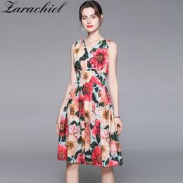 S-XXL Summer Retro Camellia Floral Print Cotton Women's Sleeveless V-Neck V Back Elastic Waist Boho Midi Dress 210416