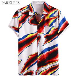 Colourful Flame Printed Mens Shirts Fashion Hip Hop Skateboard Shirt for Men Casual Button Loose Chemise Homme with Pocket 210524