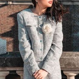 knitted tweed plaid vintage dress set suits elegant office ladies dress outfits two piece matching suits winter 210415