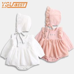 Baby Girls Rompers Autumn Cotton Clothes Sets 2Pcs Suit born Pink White Long Sleeve + Hat Toddler Jumpsuit 210429