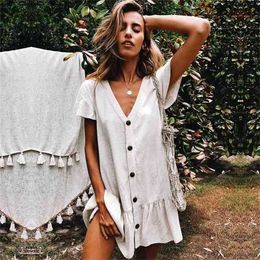 Tunic Cover-ups White Beach Mini Dress Summer Women Beachwear Sexy V-Neck Button Front Swimsuit Cover Up Q744 210722