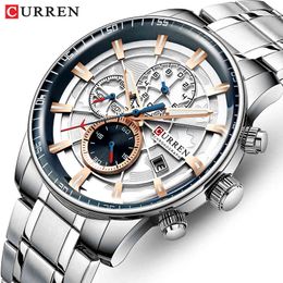 Curren Brand Mens Watches Luxury Stainless Steel Quartz Men Watch Sports Chronograph Wristwatch Big Dial Clock Relogio Masculino 210517