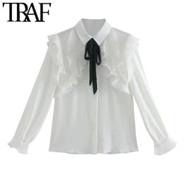 Women Fashion With Bow Ruffled Button-up Blouses Vintage Long Sleeve Side Vents Female Shirts Chic Tops 210507