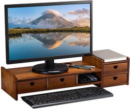 Bamboo 2-Tier Monitor Stand Riser with 3 Storage Drawers, Office&Home Retro Shelf Organiser for Laptop, Desktop Computer, Cellphone,Printer, Antique Brown