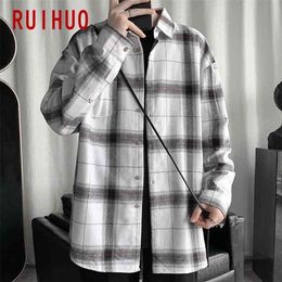 RUIHUO Plaid Shirts For Men Clothing Fashion Long Sleeve Shirt Harajuku s Casual Slim Fit M-5XL 210721