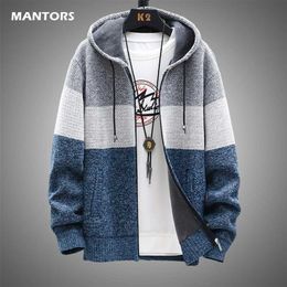 Men's Cardigan Jacket Autumn Winter Fleece Sweater Coat Men Casual Hooded Jacket Warm Patchwork Jackets Mens Outerwear 211103