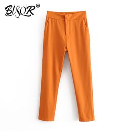 Women stylish Orange long pants office wear zipper fly pockets female elegant casual trousers full length pantalones 210430