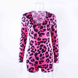 OMSJ est Pink Leopard Print Bodysuit For Women Sexy Long Sleeve Skinny Jumpsuit Casual Nightwear Pajamas Onesie Overall 210517