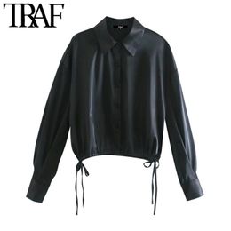 TRAF Women Fashion With Drawstrings Loose Cropped Cosy Blouses Vintage Long Sleeve Button-up Female Shirts Chic Tops 210415