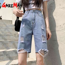 Women's Jeans Shorts Ripped Vintage Sexy Knee Length Long Casual Summer High Waisted for Women 210428