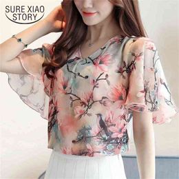 summer short sleeved blouses fashion women tops print chiffon clothing plus size sweet lady v-neck D630 30 210506