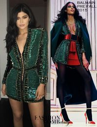 Kylie jenner vestido de fiesta Abito da ser das Abendkleid die Silver Celebrity dress Long sleeve Sheath Pearls Kim kardashian V-neck Green Sheath Yousef aljasmi