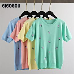 GIGOGOU O Neck Basic Women T Shirt Chic Embroidery Floral Knit T-shirt High Elasticity Soft Female Top Tee Ladies Tshirt 210623
