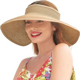 Outdoor Hats Simple Foldable Empty Top Sun Wide Brim Floppy Girls Straw Hat Beach Women Summer UV Protection Travel Cap Ladies