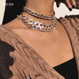 SHIXIN Layered Hip Hop Iced Out Paved Rhinestones Chain Necklace Set Statement Miami Curb Cuban Chain Choker Necklaces for Women X0509