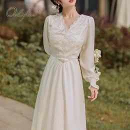 Autumn Women Party Embroidery White Vintage Elegant Lady Long Sleeve Maxi Night Dress 210415