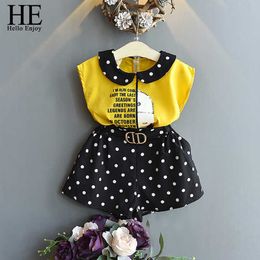HE Hello Enjoy Baby Girls Clothes 2020 Summer Sets Color-Block Short-Sleeve Chiffon Shirt + Solid Color Shorts Kids Clothes 2Pcs X0902