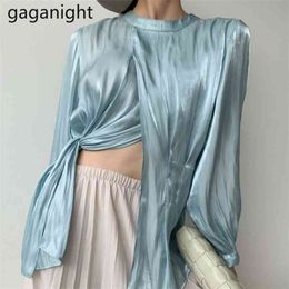 Spring Korean Fashion Women Irregular Tops Water Blue Shirts Long Sleeve Casual Female Solid O-Neck Blouses 210601