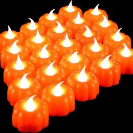 24Pcs Small Pumpkin Tea Lights LED Battery-Powered Flameless Light Warm Amber Yellow Lights for Thanksgiving Halloween Holiday H1222