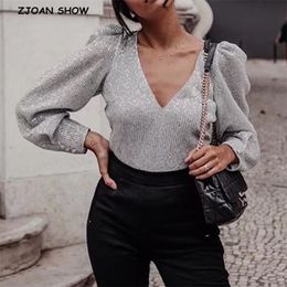 V neck Stitching Bright Silver Sequins Long sleeve Shirt Elegant Women Summer Puff Sleeve Pullover Blouse Tops 210429