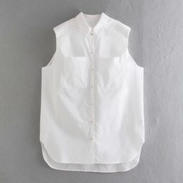 Women Shoulder Pads Sleeveless Double Pockets Blouse Female White Oversized Shirt Casual Lady Loose Tops Blusas S8711 210430