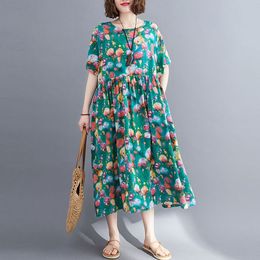 Oversized Women Cotton Linen Casual Dress New Summer Vintage Style Floral Print Loose Comfortable Female Long Dresses S3249 210412