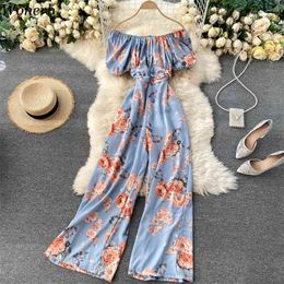 Sexy Floral Print Romper Women Elegant Off Shoulder Puff Short Sleeve Jumpsuit Female Loose Wide Leg Playsuits Fashion 210519