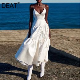 [DEAT] Summer Fashion V-neck High Waist Knee-length Sleeveless Solid Color Loose Sling Dress Women 13C785 210527