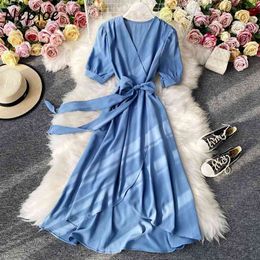 Neploe French Style Retro Female Dress Summer New Temperament V-neck Sashes Solid Simple Women Dresses Beach Vestidos 82175 210423