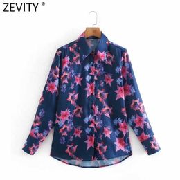 Zevity Women Elegant Flower Print Casual Slim Smock Blouse Office Ladies Single Breasted Business Shirts Chic Blusas Tops LS7432 210603
