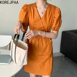 Korejpaa Women Dress Summer Korean Chic Ladies Gentle Temperament Thinner Cross V-Neck High Waist Short Puff Sleeve Vestido 210526