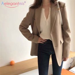 Aelegantmis Spring Fashion Blazer Jacket Women Casual Pockets Long Sleeve Work Suit Coat Office Lady Solid Slim Blazers 211019