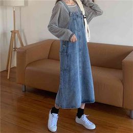 Button Pocket Denim Dress Summer Korean Vintage Midi-length Loose Jeans Casual Student Suspenders Strap Overalls es 210604