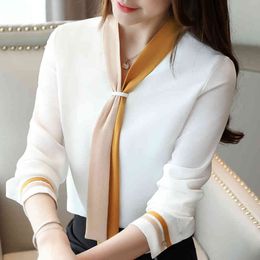 Fashion Woman Blouses Bow Tie V-neck Office Ladies Tops Long Sleeve Chiffon Blouse Women Tops Womens Tops And Blouses C35 210426