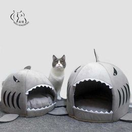 Cat Mat Shark Shape House Warm Kennel Kittens Bed One Mats Two Usages Kennel Cat Beds Outdoor Tent Pet Products Cats Basket 210722