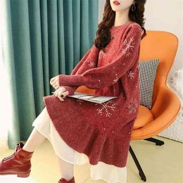 Women Sweater Dress Stitched Autumn And Winter Loose Wild Long Knee Bottoming Shirt 210427