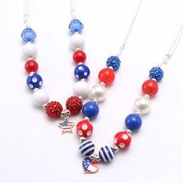 4th July Kids Fashion USA Flag Style Heart/Star Pendant Necklace DIY blue Red Chunky Bubblegum Beads Necklace Adjust Rope Girls festival Jewellery